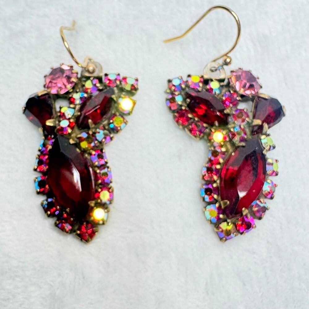 Vintage Red Rhinestone Cluster Earrings | AB Rhinestone | Converted to Pierced